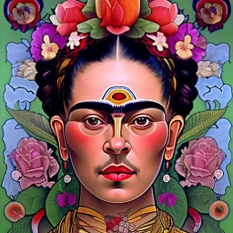 A beautiful portrait of Frida Kahlo by alphonse mucha, japanese tatoos, 4k, high details