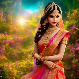 bright indian fairy, beautiful portrait, flowery landscape, light, sun