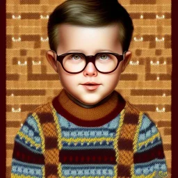 Peter Billingsley chubby kid Tortoise-shell glasses, gripping a ((Dark red soap bar)) in his hand, brown argyle sweater