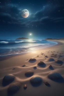 magic sea, beach with sand, shells, realistic, professional photo, 4k, top view, cosmic sky, stars, full moon, milki way