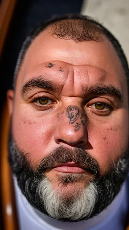 top view close up photography of a muscular chubby burly bearded marocan fisherman relaxing sunbathing sitted in a small fischer wooden boat , bulge, tattoo, ugly, 49 years old, short beard, bullneck, emotive eyes, photorealistic, 35mm lens, Canon EOS, 8k