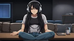 dark 3d anime style, close up in the foreground back to the camera a woman sitting on sofa with her knees pulled to her chest.. in comfortable t-shirt and jeans clothes.. her is normal body not too thin,,Her face is not visible at all. She long dark hair partially covering the side of her head. a headphones on her head and near a table with one mug and a mobilphone on table, heavy dark courtains covers window suggesting to shut out the outside world. She is facing the window,