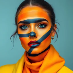 a female model dressed in multiple colors and stripes on her face, in the style of abstract colorist, navy and amber, john wilhelm, airbrushing, crossed colors, ramses younan, idealized beauty