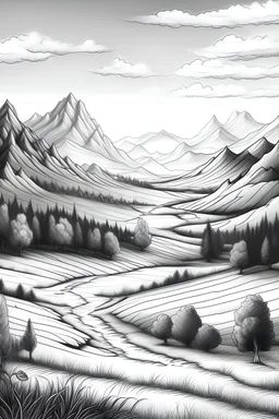 Quiero un dibujo de un paisaje para trabajar las unidades del relieve interior con alumnos de 5º de primaria. Será necesario que sea un dibujo en blanco con las líneas negras para que lo puedan colorear. En el dibujo quiero que aparezca: una montaña cercana, una colina, un valle con un rio y un pueblo con casas, una llanura con tierras cultivadas, una meseta, una sierra, una cordillera, y una depresión.