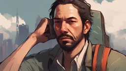 a man with a backpack looking up at the sky, keanu reevez in disco elysium, disco elysium character, nft portrait, official fanart, background artwork, adar darnov, profile picture 1024px, artwork in the style of guweiz, dark. no text, disco elysium style, fanart, drake in gta v