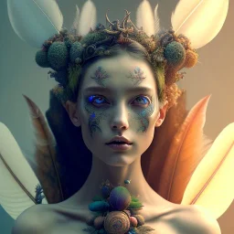 Portrait of beautiful girl, plant, metal, feathers, Dryad, fae, sidhe, ominous, nature, plants, wildflower, facepaint, dnd character portrait, intricate, oil on canvas, masterpiece, expert, insanely detailed, 4k resolution, retroanime style, cute big circular reflective eyes, cinematic smooth, intricate detail , soft smooth lighting, soft pastel colors, painted Renaissance style,bokeh, 800mm lens