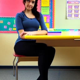 sultry, gorgeous teacher sitting legs crossed on the edge of her school table