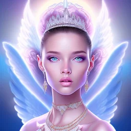 portrait of a beautiful woman with an angel face, pink and blue dress, jewels, soft light aura