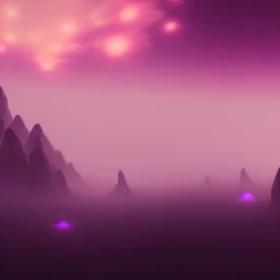 ALIENS FLOATING in the fog, FOGGY NIGHT, mountains, GLOWING, PURPLE, orange, pink, stars TOWERS, 4K, 8K, CINEMATIC