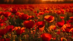 field of beautiful red poppies filled with yellow lights