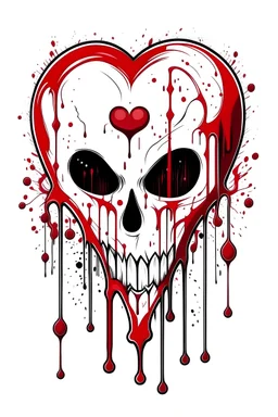 semi transparent, heart shaped patch with stitches on the sides, little white skull in the middle of the heart, red paint dripping down from the skull, white background