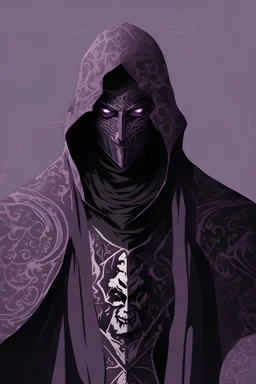warlock, black mask with ash purple patterns, black robe with ash purple patterns, dark, ominous