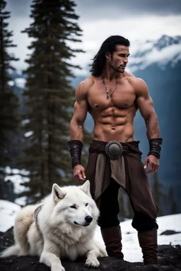 Handsome and muscular 30 year old shirtless mountain man standing next to a white wolf, dark fantasy, snow capped mountains