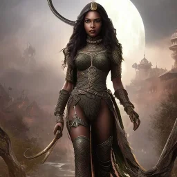 fantasy setting, insanely detailed, dark-skinned woman, indian, black wavy hair, warrior, green hair