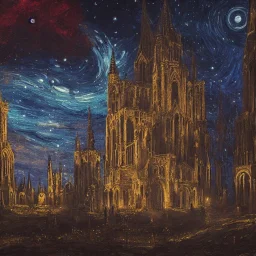 gothic painting of a victorian city in a fantasy starry night photorealistic