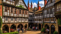 A Paved Courtyard, With Tudor Gothic Houses, Tall twisted Chimneys, warped Rooves, People, Shops,