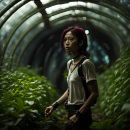 Unground solar punk tunnels, cinematic, dof background anamorphic, dystopian, sci-fi, award winning, Yui in a garden