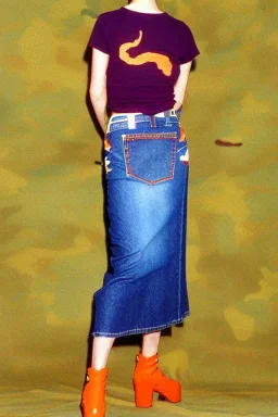 year 1996 denim fashion. Loose skirt, low waist. Combat pants and t-shirt. Colors: denim blue, blue, purple, cream, khaki, light green, lilac, plum, orange, terracotta, red, light yellow, pink, dark blue, beige. Latex in small part. Something between camouflage and cheetah prints.. Gwen Stephani, Shirley Manson.Cargo pants