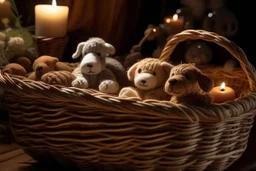 Cute but quirky stuffed animals lie in a carved basket on a soft sling, by candlelight