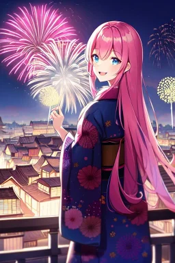 girl, masterpiece, best quality, cinematic lighting, detailed outfit, vibrant colors, perfect eyes, long hair, pink hair, blue eyes, kimono, fireworks, laughing, town, looking back,