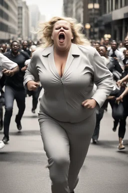 an obese terrified blonde white woman crying and sobbing in a pant suit desperately running away from an angry mob of thousands of all black people chase her down a city street