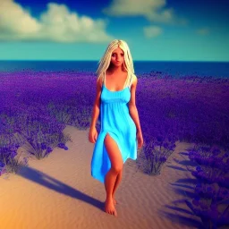 Beautiful full body woman blue eyes long blond hair in an hippy blue flower dress on a beach, unreal engine, 4k