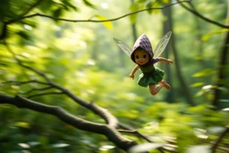 motion blur fast running caped pixie Quickling - Forgotten Realms along winding branches in lush green forest , bokeh like f/0.8, tilt-shift lens 8k, high detail, smooth render, down-light, unreal engine, prize winning