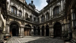 A wide, low-angle shot captures the desolate courtyard of a decaying, ornate building. The cobblestone ground is uneven and worn, leading towards a grand, dark wooden double door at the center of the far wall. Flanking the courtyard are two-story structures with arched doorways and windows, many of which are broken or boarded up. The architecture is classical, with columns and decorative moldings, but time and neglect have taken their toll, leaving crumbling facades and overgrown vegetation. The