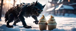 photo shoot of werewolf shadow creature in ice cream and snow, in fallout 4 setting, bokeh, downlight, prize winning, depth of field, in the style of ivo caprino