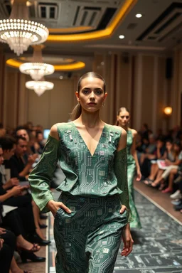 a fashion show of lady models in a luxury hall ,models come in different modern clothings made of flexible digital pcb boards with mounted components