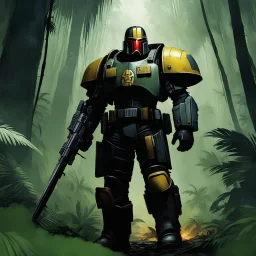 [a plane warhammer 40,000] judge dredd in heavy power armour, with boots in the jungle were a plane crashed