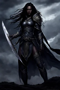 SA female elf with skin the color of storm clouds, deep grey, stands ready for battle. Her long black hair flows behind her like a shadow, while her eyes gleam with a fierce silver light. Despite the grim set of her mouth, there's a undeniable beauty in her fierce countenance. She's been in a fight, evidenced by the ragged state of her leather armor and the red cape that's seen better days, edges frayed and torn. In her hands, she grips two daggers, add dark shadow mystic purple flames