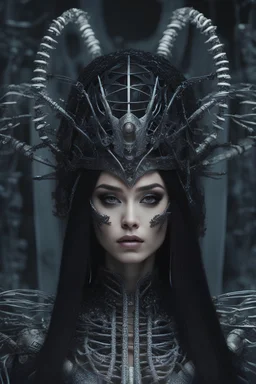 A realistic high detailed photograph of a beautiful gen z fashion model with long black hair, wearing a futuristic 3 dimensional skeletal bone outfit with lots of intricate details. The lighting should enhance the depth of the outfit. Background is eerie and misty