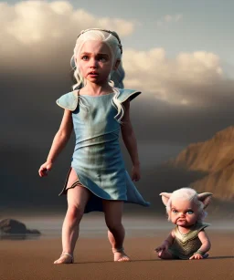 Daenerys Targaryen toddler, full body, dramatic lighting, angry, hyper realistic,