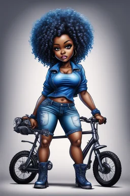 create an airbrush illustration of a chibi cartoon voluptuous black female wearing a blue jean outfit with a tie dye tshirt with biker boots. Prominent make up with hazel eyes. Extremely highly detail of a tight curly black and shiny afro. Background of a bike show