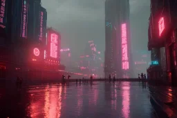 3D, beautiful, light reflecting, empty future city skyline at night, rainy night, neon, cyberpunk, tron, one cyborg walking, 8k, finely detailed, photo realistic