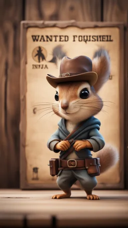 wanted poster on wooden wall depicting a handsome cute cowboy squirrel ninja,bokeh like f/0.8, tilt-shift lens 8k, high detail, smooth render, down-light, unreal engine, prize winning