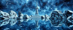 the charoit, the fool and the tower tarot card disaster rendered in magnificient 4d glossy marble stones reflective and wet, like mirrors