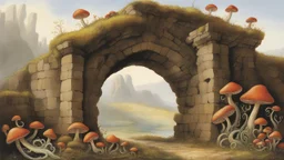 Mushrooms with octopus tentacles covering a crumbling stone wall and an arch behind, Roger Dean-style