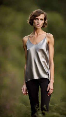 photography of a beautiful anorexic woman, silver satin top, sports illustrated, silver slip, short wavy bob haircut