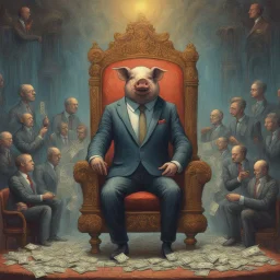 rich pig in suit on a throne making stacks of money by making a deal with a buisnessman. background of musicians. beksinski style