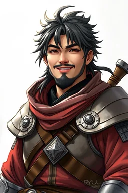 RYU as lama thief in full armor. Close up portrait. Afraid to fail, afraid to dive within. But still smiling.