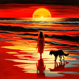 A painting of a woman and a dog walking on a beach at sunset with the red sun in the background, inspired by Chris Moore, inspired by Henry Macbeth-Rayburn, bloody sunset, looking out into the Red Ocean, acrylic and oil painting, with sunset, watching the sunset, 'a lonely dark figure'' !!, inspired by Dave Kendall, epic red - orange moonlight, acrylic painting on oiled canvas