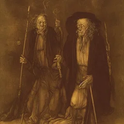 Portrait of a proud old withered witch with walking cane in the style of Albrecht Dürer