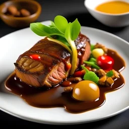 Delicious well done fried beef loin served with vegetable garnish of baked potato, tomato sauce and pine nuts