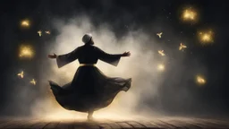 Hyper Realistic Sufi Whirling with black & Golden Islamic Sufi Rustic Grungy Background with heavy fog & fireflies at dark night