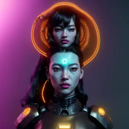 Pretty cyber woman, black hair, sci-fi, rounded face, black, gold, brown, samurai style, retro, simetric, neon style, a lot of led lights, fog, rain, leather, vibrant color, highly detailed, art stations, concept art, smooth, unreal engine 5, god rays, ray tracing, RTX, lumen lighting, ultra detail, volumetric lighting, 3d, finely drawn, high definition, high resolution.