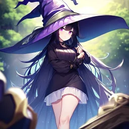 Clear focus,High resolution, black long fluffy hair, long fluffy bangs, purple eyes, wearing a witch outfit, wearing a short skirt