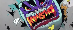 monster more angry and more 90s style, angry fast, extreme, wild, so so angry, red and purple background with 90s style slashes, 45 degree angle, ferce,