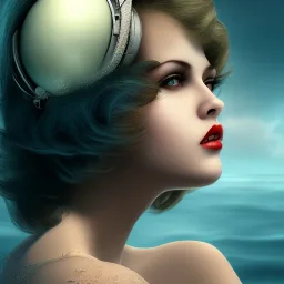 Aaron Carter with sexy Clara Bow, stormy seas, two people, Aaron Carter, romance, romantic, water, swimming, DAZ3D, by Michael Turner, soft lips, cinematic lighting, studio lighting, shine, 4K, fantastic view, girls at beach with her.